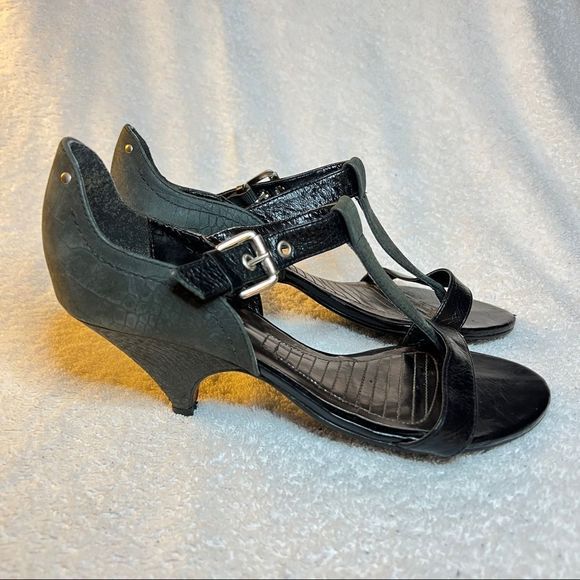 Vintage Cacharel Sandals T-Strap Heels Kitten Heel leather black green 5 - Picture 7 of 14